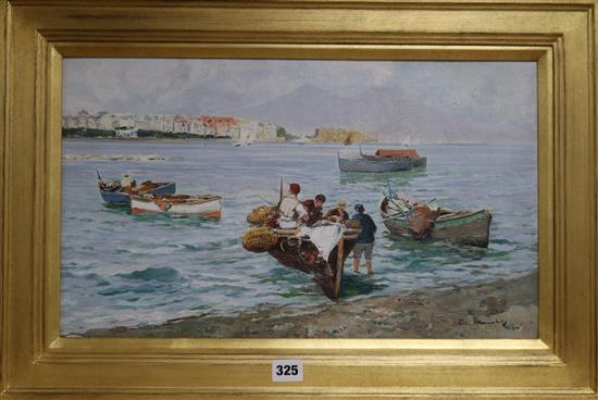 Elvira Raimondi (1867-1920), oil on canvas, fishermen in the Bay of Naples, signed, 11.5 x 19.5in.